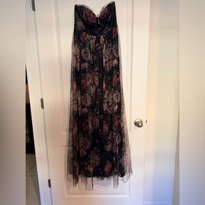 Stately Entrance Black Floral Mesh Strapless Maxi Dress